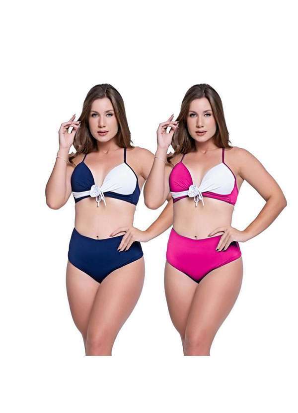 Hype Modas - Biquínis Feminino Kit 2 Peças Bicolor Chapa Barriga Cós Alto Marinho e Rosa
