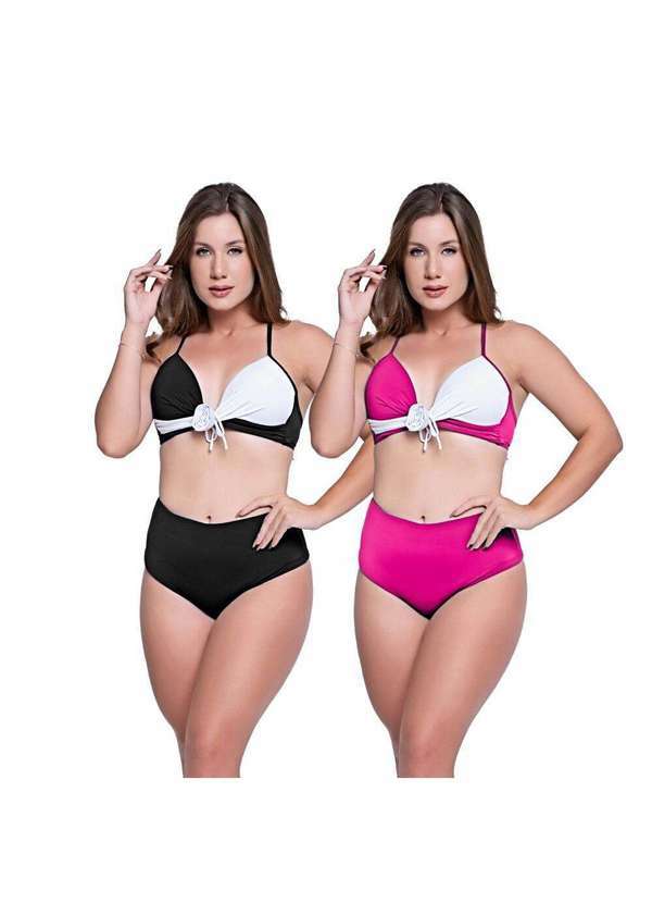 Hype Modas - Biquínis Feminino Kit 2 Peças Bicolor Chapa Barriga Cós Alto Preto e Rosa