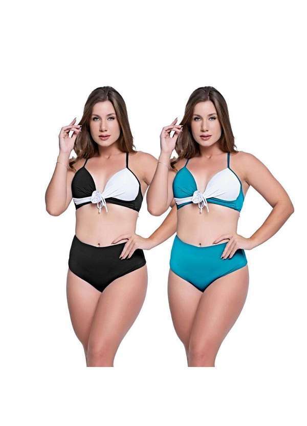 Hype Modas - Biquínis Feminino Kit 2 Peças Bicolor Chapa Barriga Cós Alto Preto e Tiffany