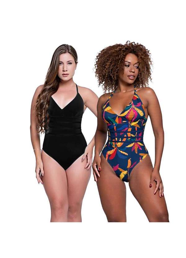 Hype Modas - Kit Maiô Modelador Liso e Estampado com Bojo Removível Moda Preto e Marinho