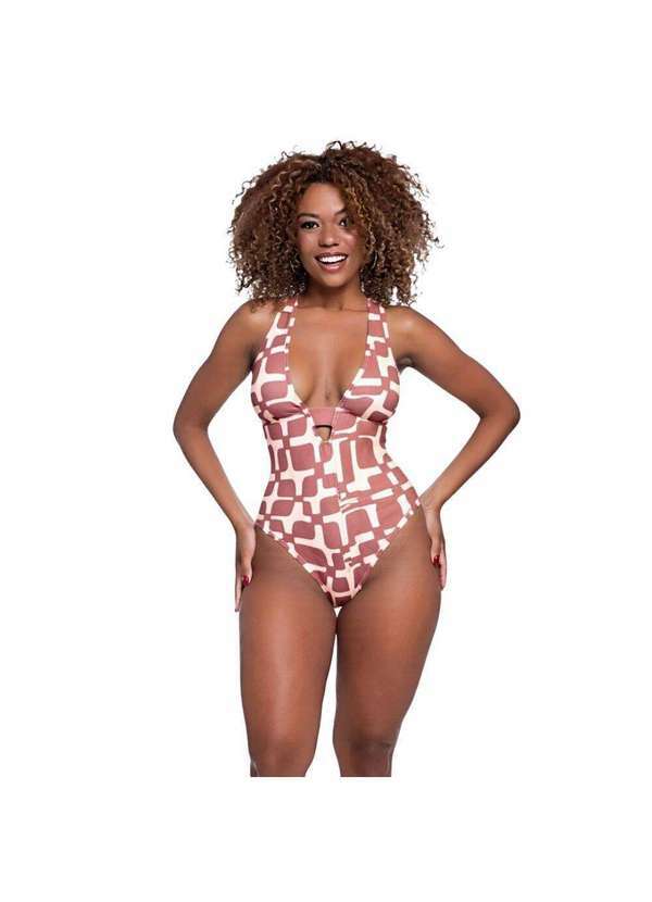 Hype Modas - Maiô Feminino Body Estampado Frente Única Cavada Decote Maiô Cappuccino