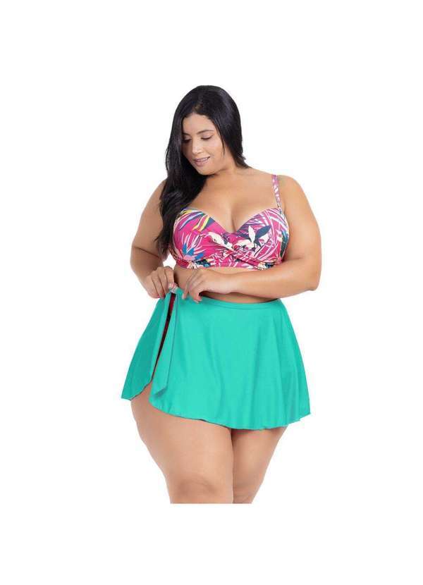 Hype Modas - Saída de Praia Feminina Saia Curta Rodada Abotoador Lateral Verde-Agua