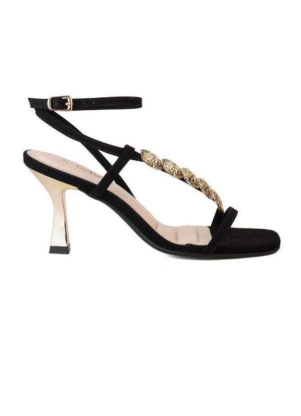 Bebecê - Sandália Bebecê Bico Redondo Salto Fino Enfeite Dourado Preto