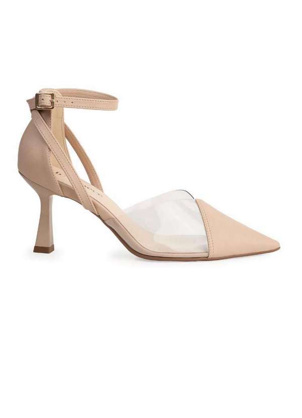 Bebecê - Scarpin Bebecê Salto Alto Bico Fino Vinil com Fivela Nude