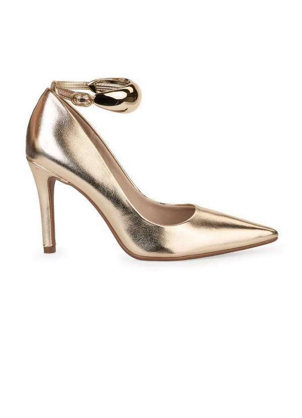 Bebecê - Scarpin Bebecê Salto Alto Fino Bold Tira com Fivela Dourado