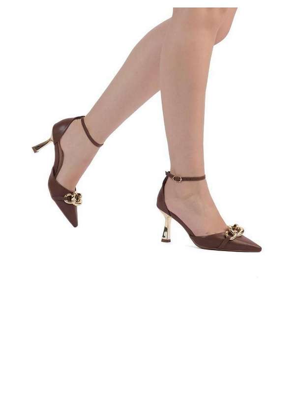 Bebecê - Scarpin Bebecê Salto Fino Semi Aberto com Enfeite Elos Marrom 2