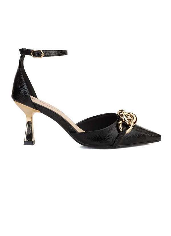 Bebecê - Scarpin Bebecê Salto Fino Semi Aberto com Enfeite Elos Preto