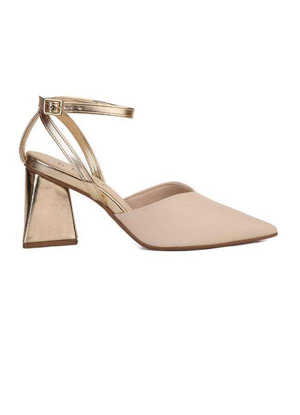 Bebecê - Scarpin Salto Bloco Bebecê com Tiras no Tornozelo Dourado