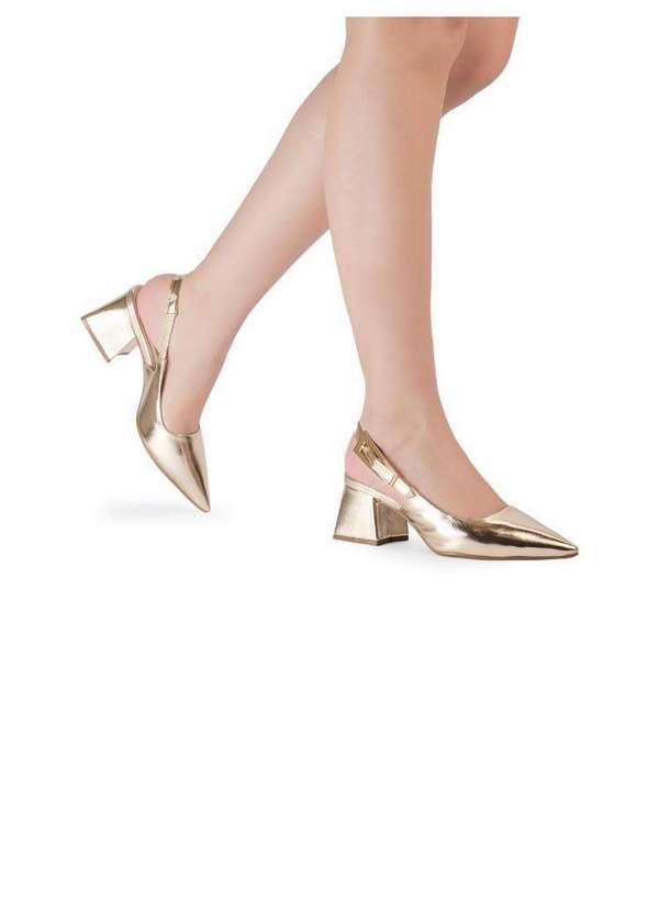 Bebecê - Scarpin Slingback Bebecê Salto Bloco Verniz Toffee Dourado 2
