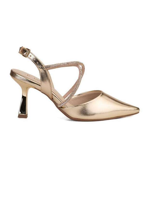 Bebecê - Scarpin Slingback Bebecê Salto Fino Tiras Strass Dourado
