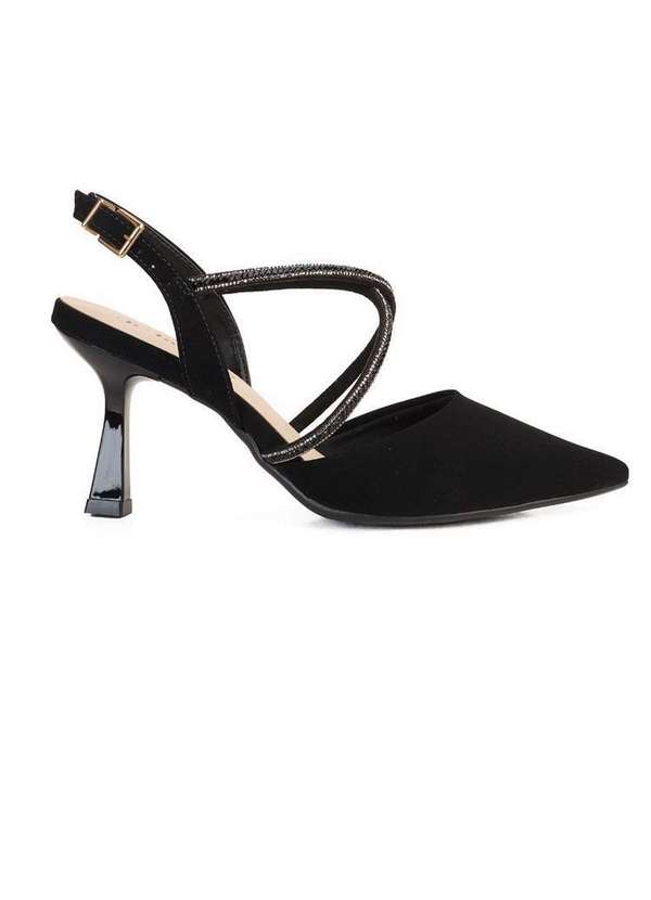 Bebecê - Scarpin Slingback Bebecê Salto Fino Tiras Strass Preto