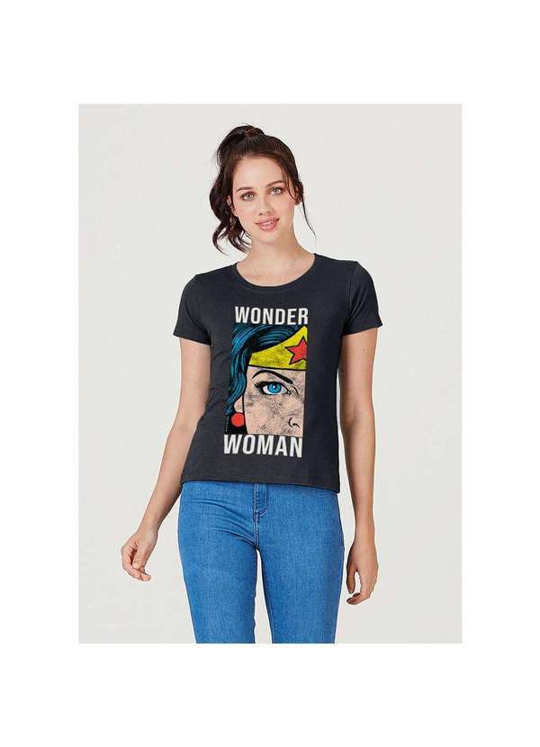 Hering - Blusa Feminina Manga Curta Estampa Mulher Maravilha Preto