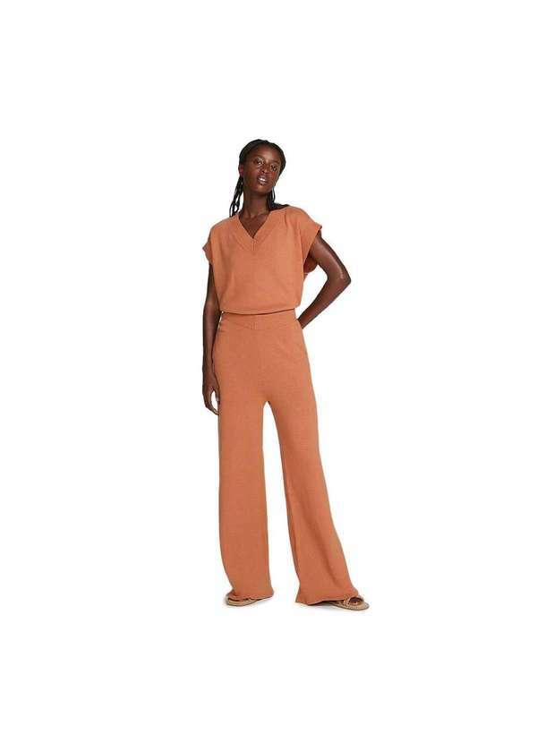 Hering - Calça Feminina Cintura Alta Pantalona em Tricô Laranja