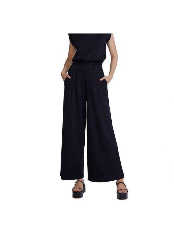 Hering - Calça Feminina Pantalona Cintura Alta Franzida Preto