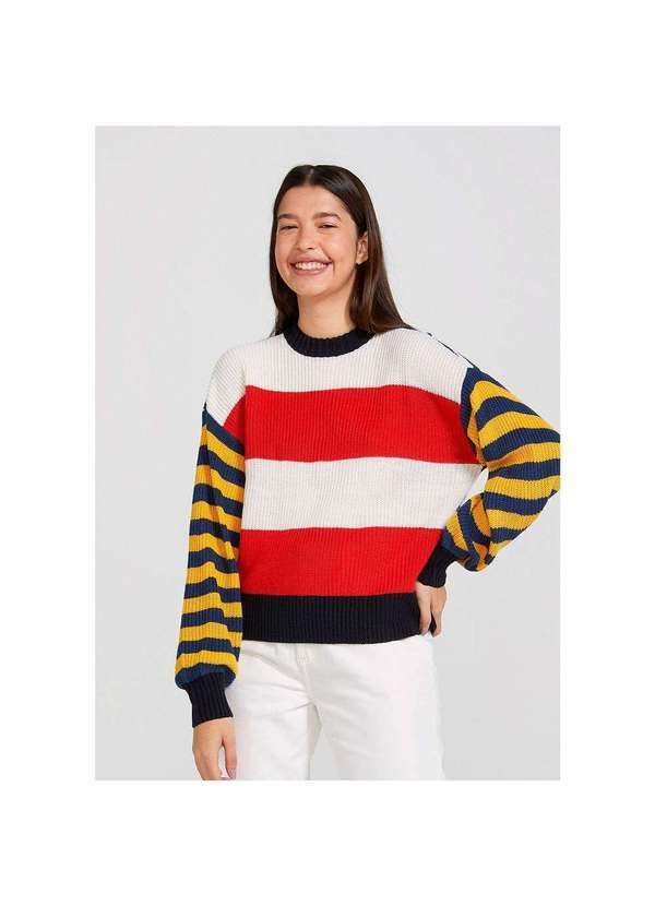 Hering - Blusão Feminino Listrado em Tricô Vermelho-Médio