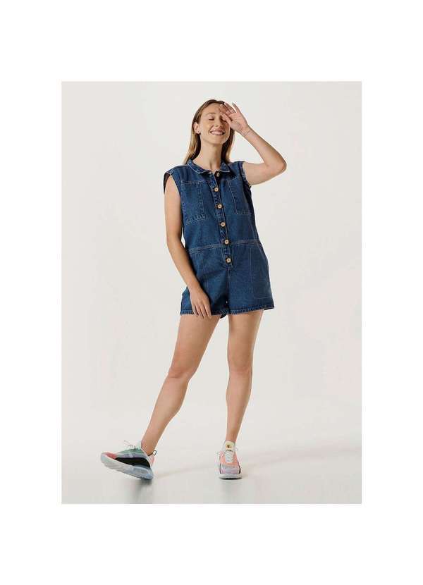 Hering - Macaquinho Jeans Feminino Manga Curta Azul