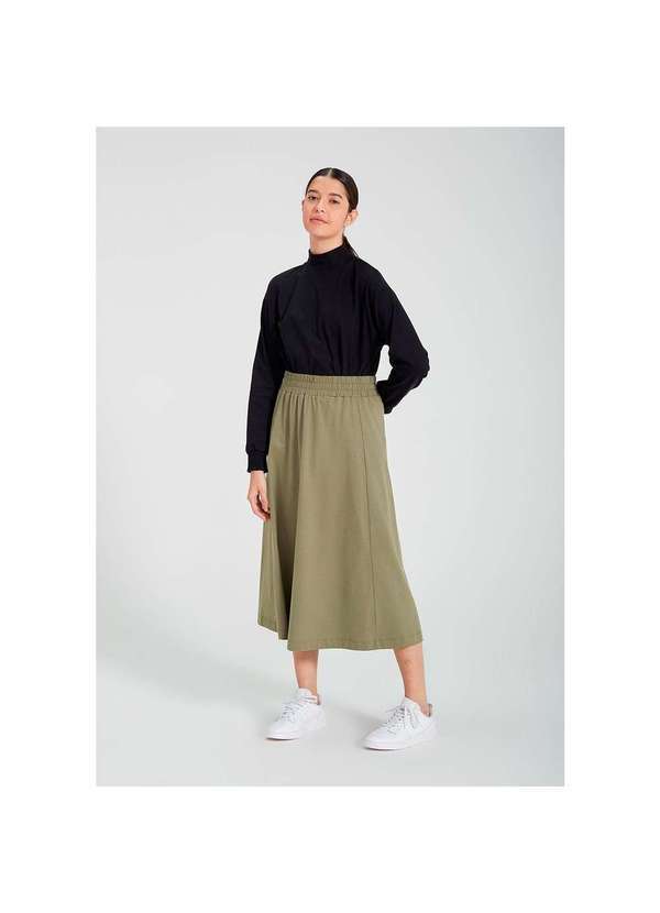 Hering - Saia Midi Cintura Alta em Malha Verde-Militar