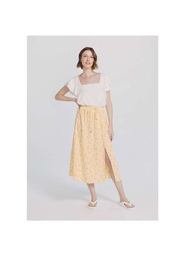 Hering - Saia Midi com Estampa Geométrica e Fenda Amarelo