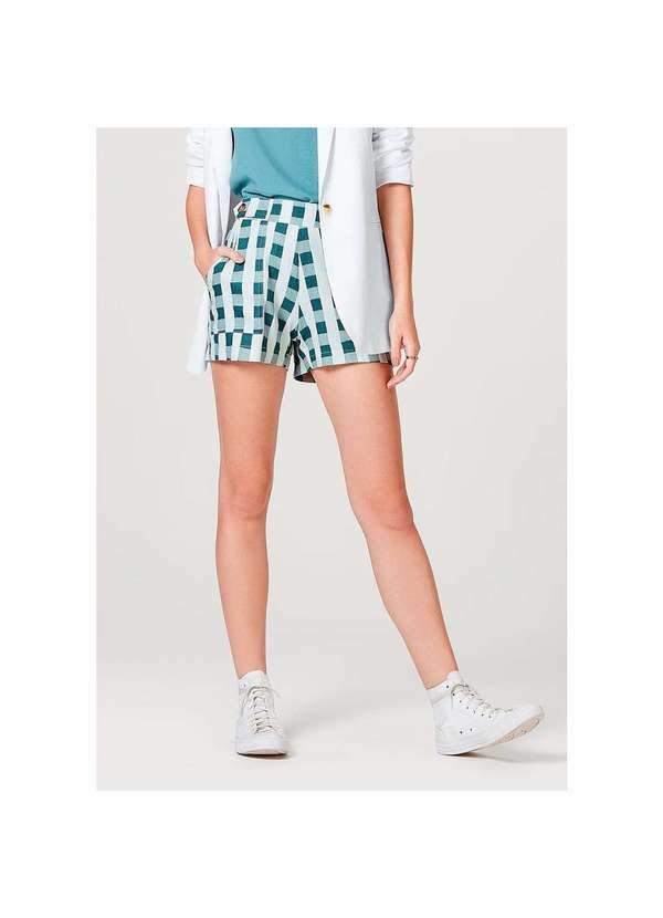 Hering - Shorts Feminino com Detalhe de BotãµEs em Linho Estampado Xadrez