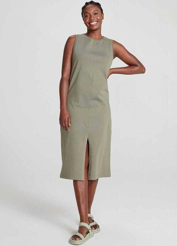 Hering - Vestido Básico Midi com Fenda Verde--Musgo
