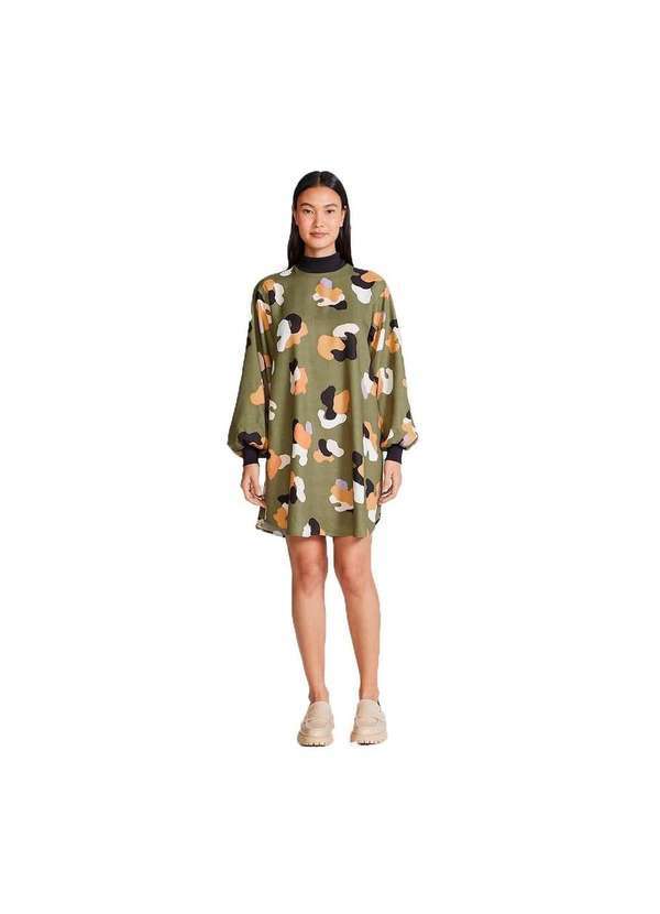 Hering - Vestido Curto Manga Longa Camulfado Verde-Militar