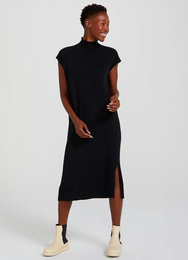 Hering - Vestido Midi Manga Curta em Tricot com Algodão Preto