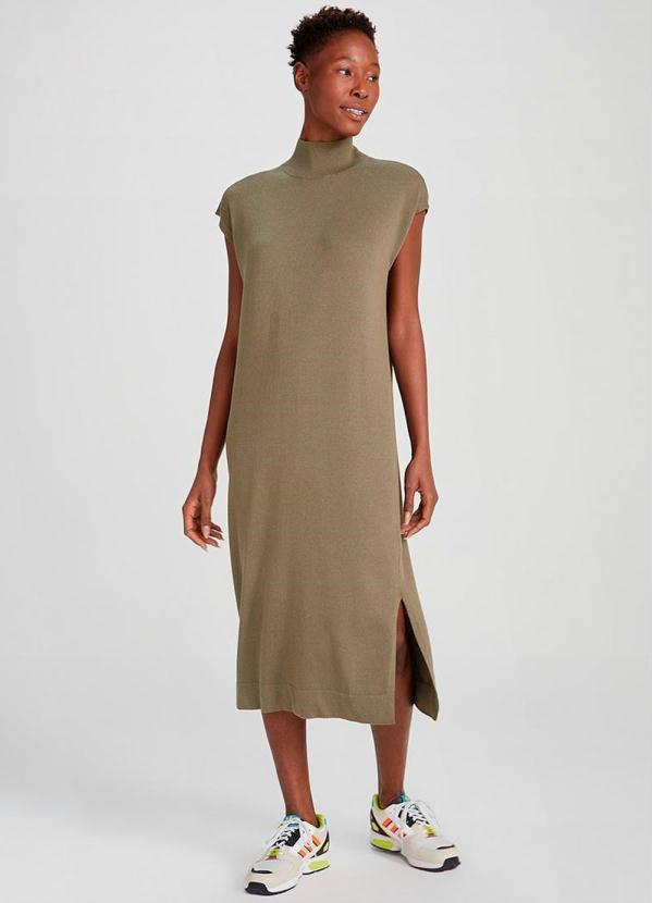 Hering - Vestido Midi Manga Curta em Tricot com Algodão Verde-Médio