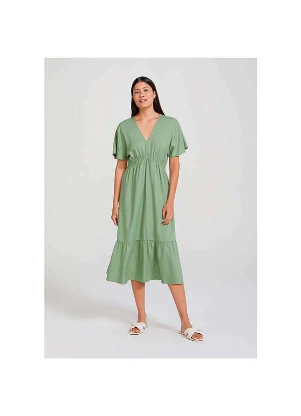 Hering - Vestido Midi Manga Curta Evasê Verde-Médio
