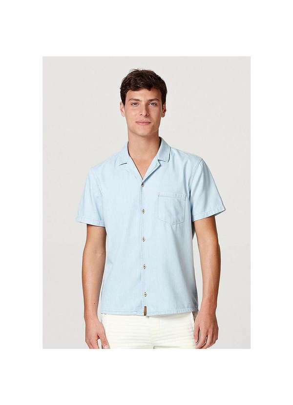 Hering - Camisa Jeans Masculina Manga Curta com Bolso Azul