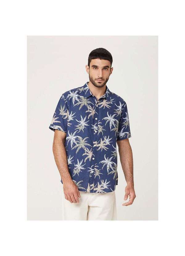 Hering - Camisa Masculina Manga Curta com Linho e Estampada Azul-Marinho