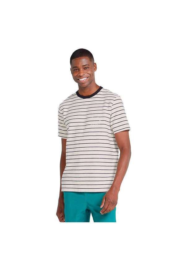 Hering - Camiseta Masculina Listrada com Bordado Off-White