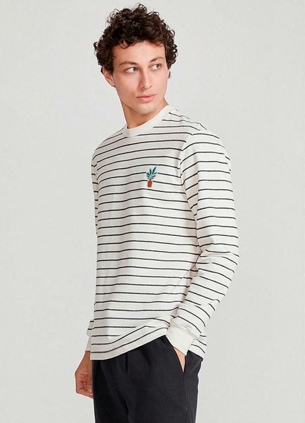 Hering - Camiseta Masculina Manga Longa Listrada Off-White