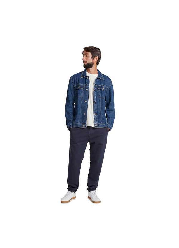Hering - Jaqueta Jeans Masculina Trucker com Lavanderia Azul-Escuro