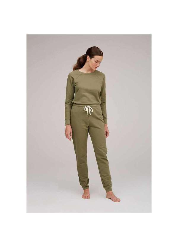 Hering - Pijama em Moletom Feminino Longo com Blusão e Calça Verde-Médio