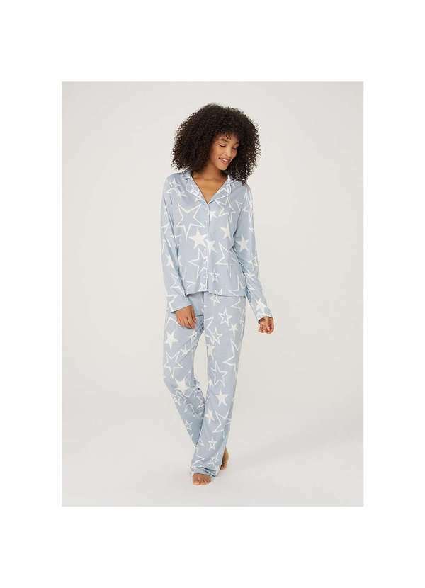 Hering - Pijama Feminino Longo Estampado em Viscose Azul