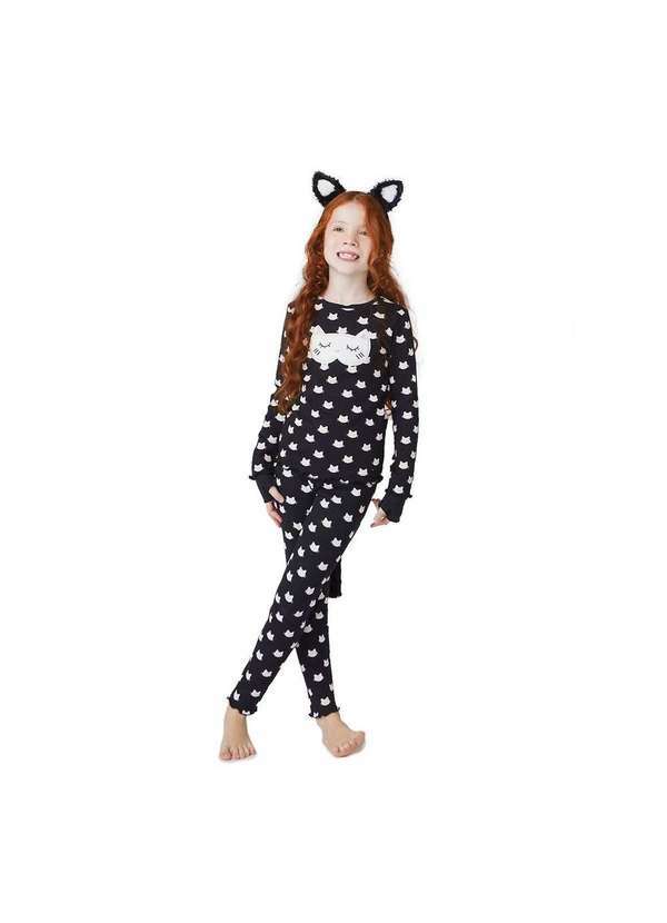 Hering - Pijama Longo Infantil Menina Fantasia Gatinha Preto