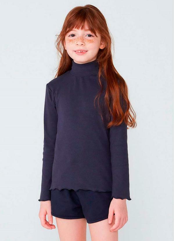 Hering - Blusa Básica Infantil Menina Gola Alta em Ribana com Fru-Fru Azul