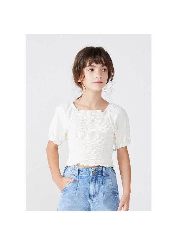 Hering - Blusa Infantil Menina Lastex com Mangas Bufantes Branco
