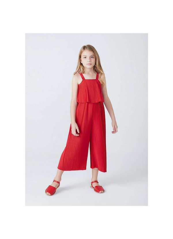 Hering - Macacão Infantil Menina Pantacourt Plissado Vermelho