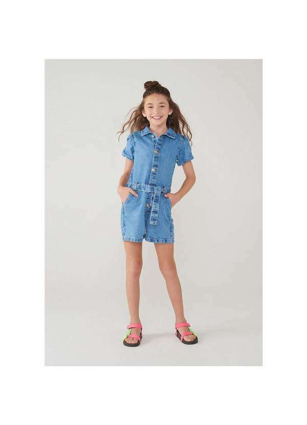 Hering - Macacão Jeans Infantil Menina com Mangas Bufantes Azul