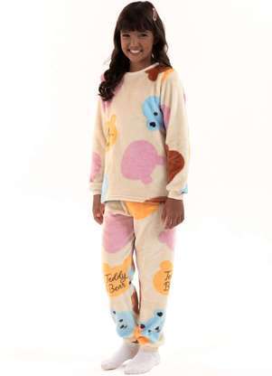 Magicamente Kids - Pijama Infantil em Fleece Feminino - Ursinhos Doces Bege - MAGICAMENTE KIDS