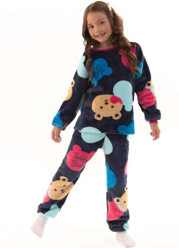 Magicamente Kids - Pijama Infantil em Fleece Feminino - Ursinhos Doces Marinho
