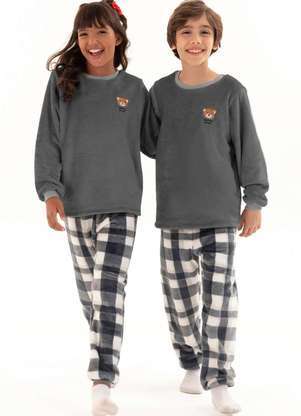 Magicamente Kids - Pijama Infantil em Fleece Unissex - Família Urso Xadrez Chumbo - MAGICAMENTE KIDS