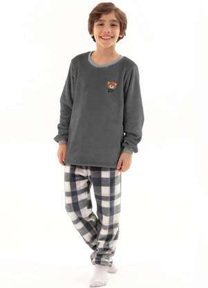 Magicamente Kids - Pijama Infantil em Fleece Unissex - Família Urso Xadrez Chumbo - MAGICAMENTE KIDS