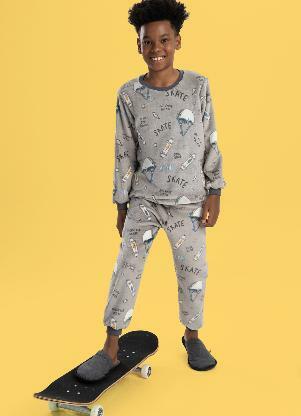 Magicamente Kids - Pijama Infantil em Fleece Masculino - Skate Cinza - MAGICAMENTE KIDS