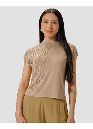 Cereja Rosa - Blusa Feminina com Estampa Metalizada Gola Alta Bege - CEREJA ROSA