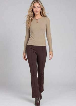 Cereja Rosa - Blusa Feminina em Ribana Canelada Decote Gota Bege - CEREJA ROSA