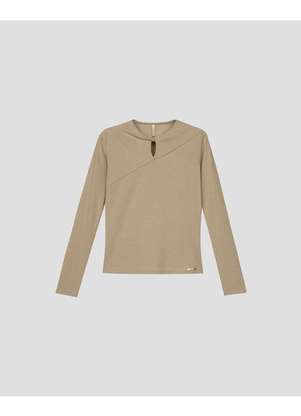 Cereja Rosa - Blusa Feminina em Ribana Canelada Decote Gota Bege - CEREJA ROSA