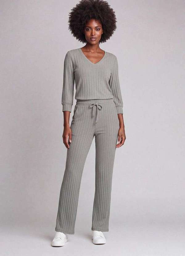 Cereja Rosa - Blusa Feminina Manga 3/4 em Cotton Canelado Cinza