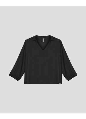 Cereja Rosa - Blusa Feminina Manga 7/8 com Decote V Preto - CEREJA ROSA